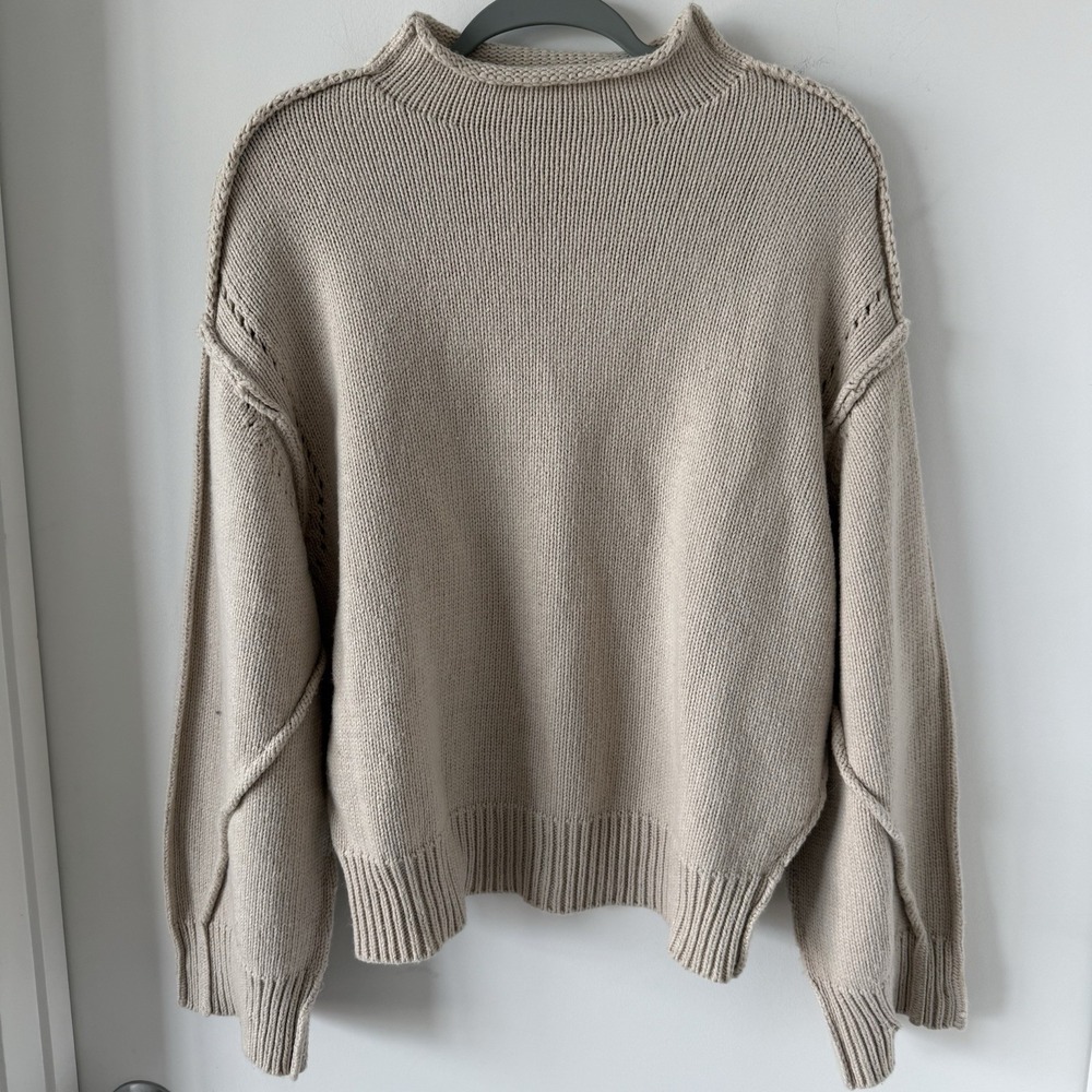 Zara Women's Beige Rolled Neck Oversized Sweater Exposed Seams Wool Blend Size S